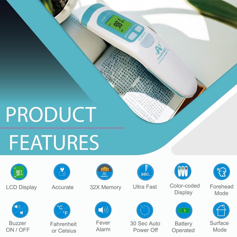 Amplim Non-Contact Forehead Thermometer & Case for Adults, Kids, Baby, FDA Cleared, Medical Grade, Touchless Infrared, 1-Sec Reading, Fever Alarm, Memory Recall, Quiet Mode, (White) - Image 3